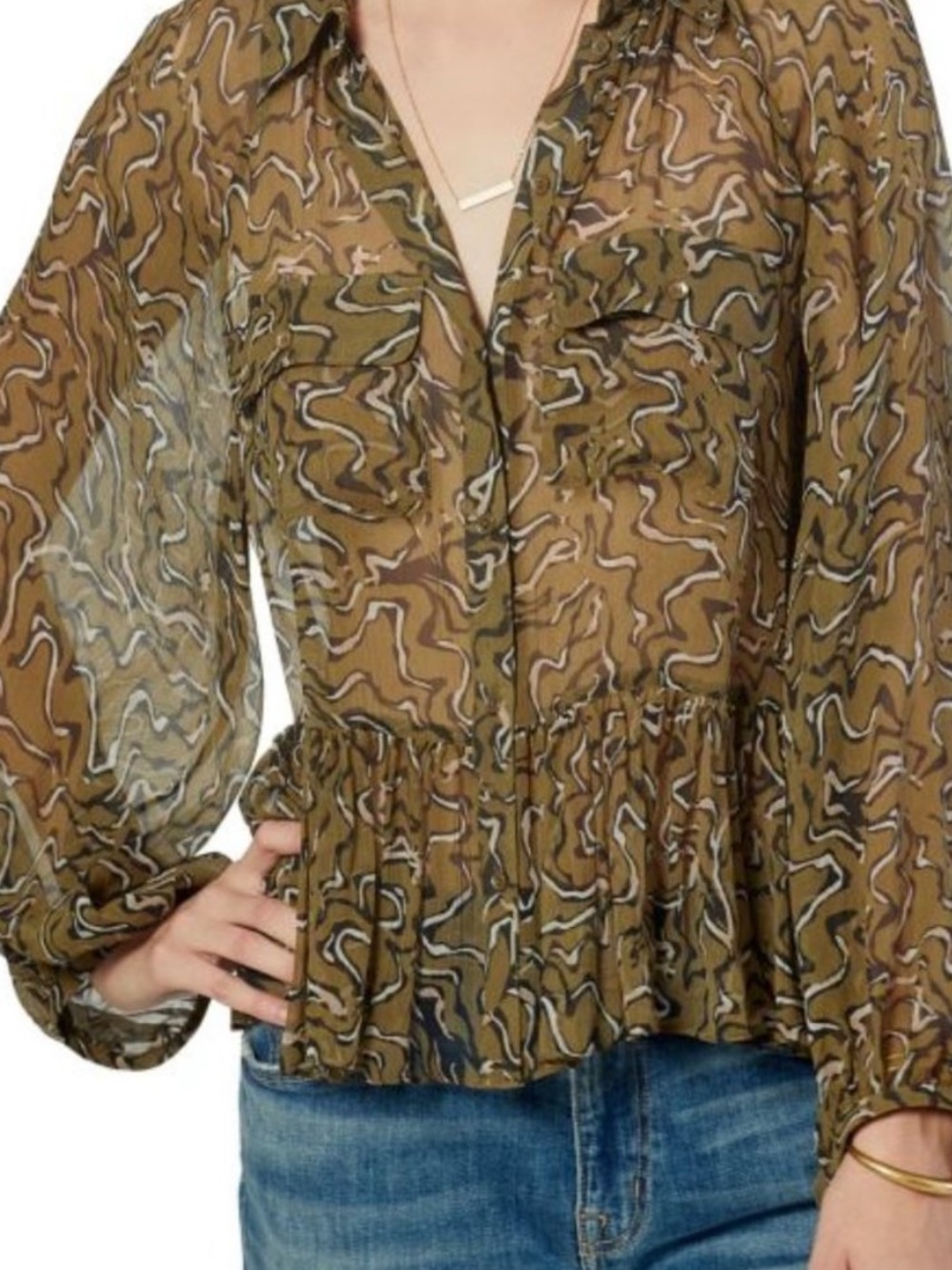 Joie Becki Printed Silk Peplum Military Olive Blouse Top Sz M